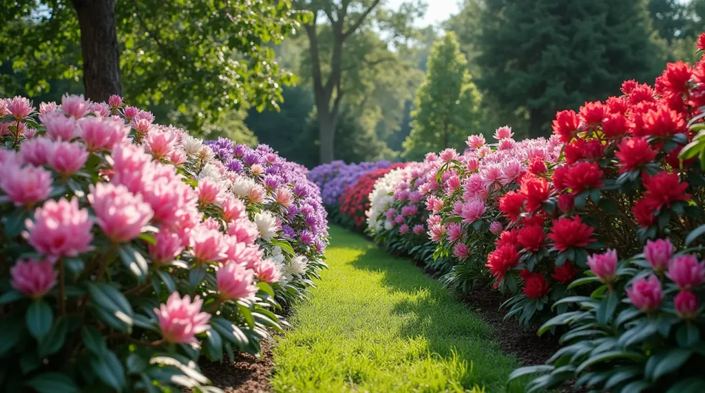 A beautifully designed shade garden showcasing rhododendrons in full bloom, with their large, vibrant flowers in shades of pink, purple, and white. The garden features a mix of textures with ferns, hostas, and moss-covered rocks, creating a tranquil, woodland-inspired atmosphere. A winding stone path adds structure and invites exploration through the lush greenery.