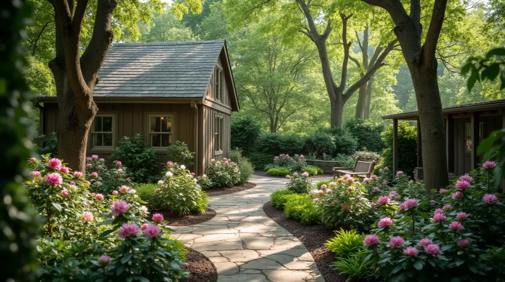 A beautifully landscaped garden with rhododendrons showcasing their vibrant flowers and dense foliage.