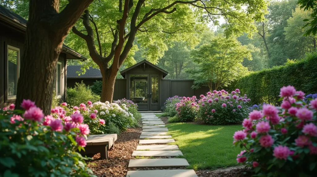 Rhododendron shade garden with colorful blooms, stone pathways, and lush ferns under a tree canopy.