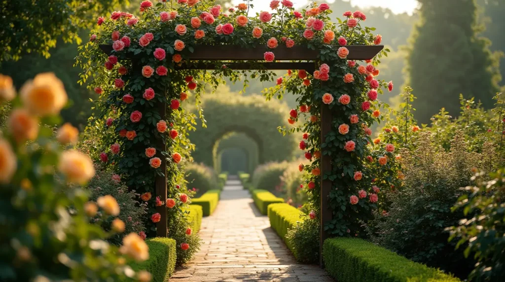 Beautiful rose landscaping featuring rose borders, climbing roses on trellises, and elegant rose arbors in a well-maintained garden.