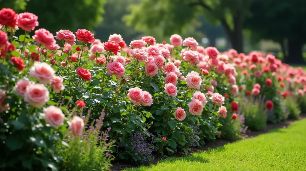 Beautiful rose landscaping used in various garden designs, showcasing roses along borders, trellises, and arbors.