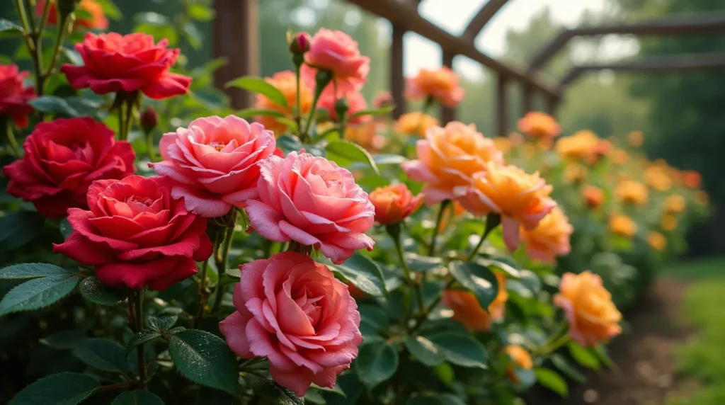 Red, pink, and yellow roses blooming in a lush garden, showcasing their velvety petals and vibrant colors.