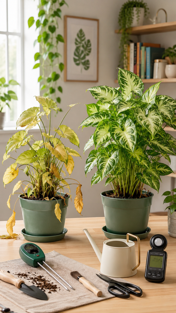Side-by-side Arrowhead Plant rescue comparison showing a yellowing drooping Syngonium beside a healthy lush variegated plant with moisture meter, watering can, and light meter.