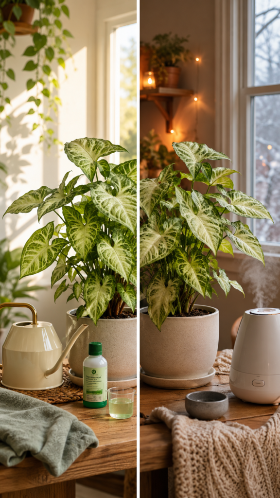 Split-season Arrowhead Plant care setup showing spring and summer watering with fertilizer beside fall and winter humidity care with a humidifier for healthy variegated Syngonium leaves.