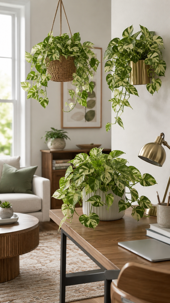 Stylish home decor with Arrowhead Plants displayed in a hanging basket, modern desk pot, and wall-mounted planter, featuring lush trailing green-and-cream variegated leaves.