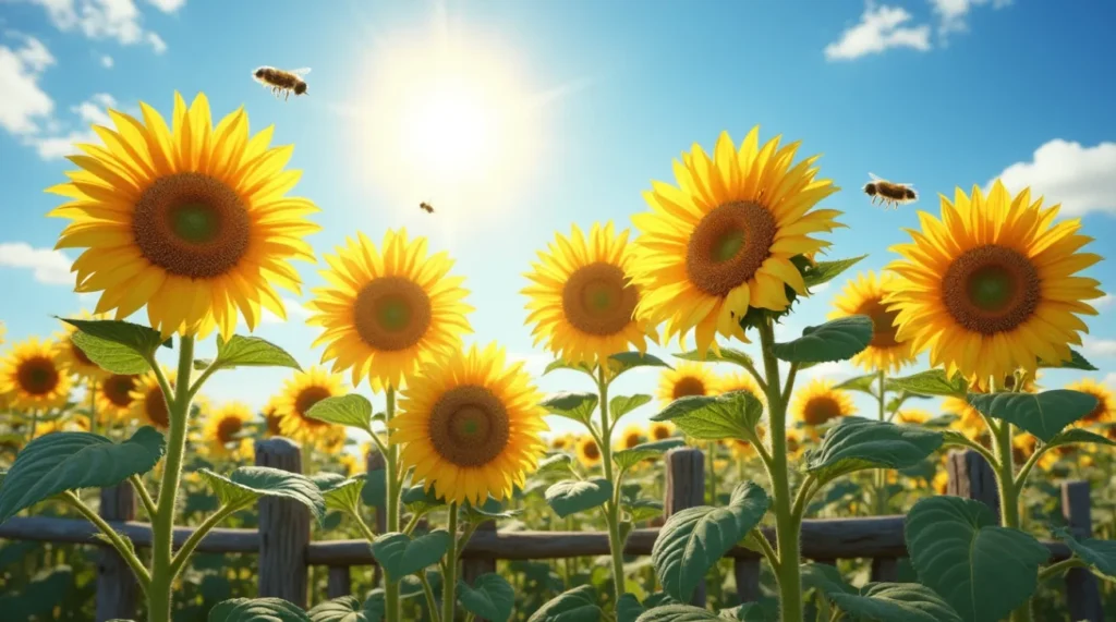 Tall sunflowers with bright yellow petals facing the sun in a summer garden.