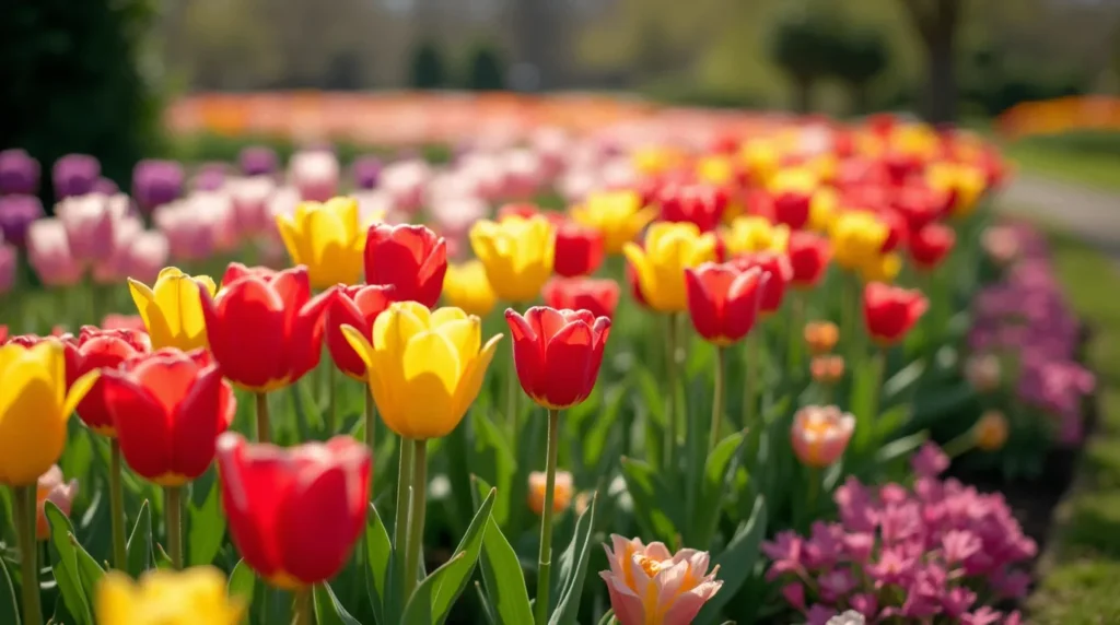 Rows of colorful tulips in red, yellow, and purple blooming in a spring garden.