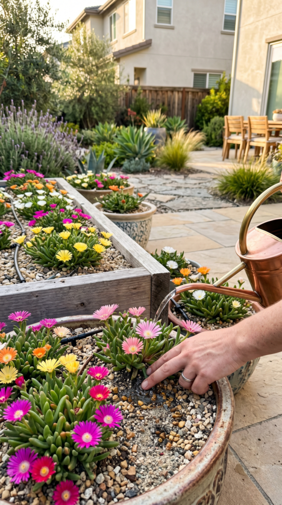 Ultra-realistic backyard garden with blooming ice plants (Delosperma) in raised beds and ceramic pots, featuring vibrant pink, purple, yellow, and white flowers in well-drained sandy soil. A hand checks soil moisture while gentle watering and drip irrigation demonstrate proper water management, surrounded by warm sunlight, stone pathways, and modern minimalist landscaping.
