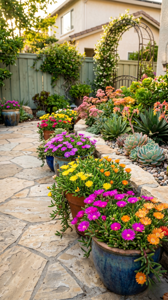Ultra-realistic home garden with blooming ice plants in colorful pots, vibrant succulent flowers in pink, purple, yellow, and orange, set on a modern stone patio under warm sunlight, peaceful backyard scene, ultra-detailed, photorealistic,