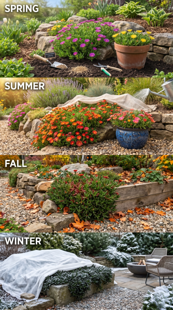 Ultra-realistic modern backyard garden showing year-round care for ice plants (Delosperma) through spring, summer, fall, and winter. Vibrant blooms, succulent foliage, decorative pots, gravel soil, frost protection, light watering, and seasonal landscaping details create a beautiful residential garden with warm sunlight and cozy outdoor décor.