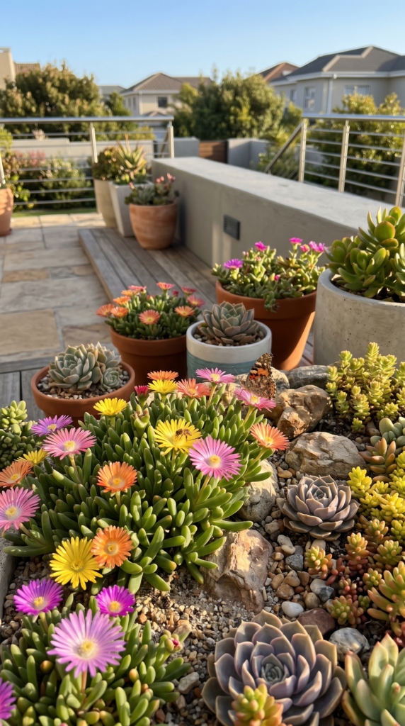 Ultra-realistic modern home garden with ice plants (Delosperma, Sedum, Echeveria) in pots and rocky beds, featuring colorful blooms in pink, yellow, purple, and white under warm sunlight on a minimalist patio with stone and wood accents, photorealistic,