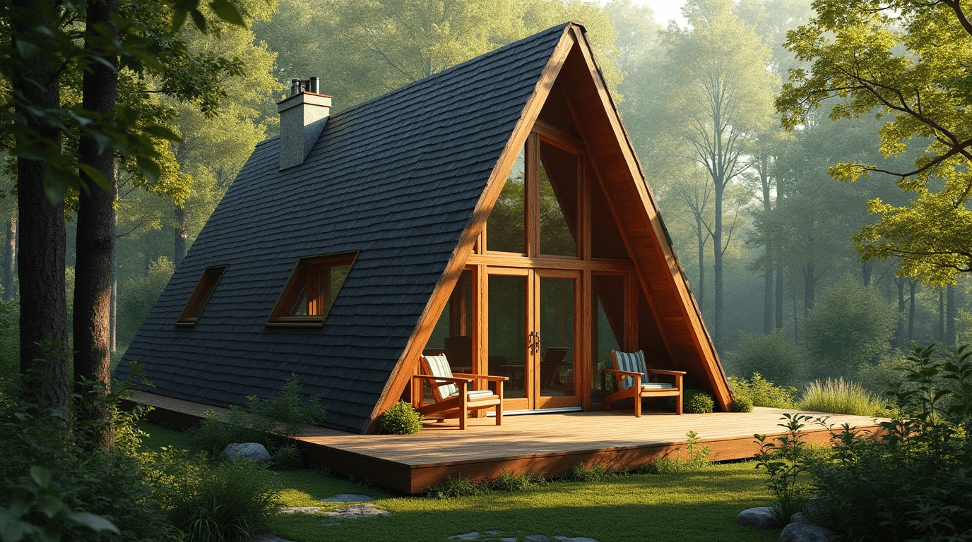 Cozy A-Frame cabin in a forest with large triangular windows and a wooden deck.