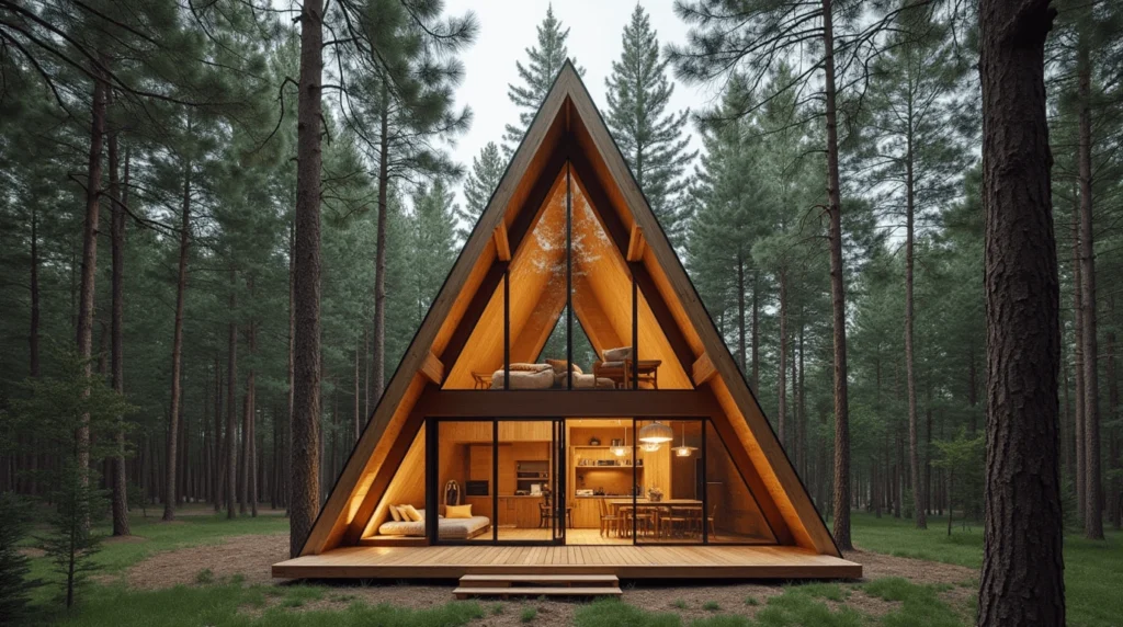 Minimalist A-Frame interior with a lofted bed and natural light from large windows.