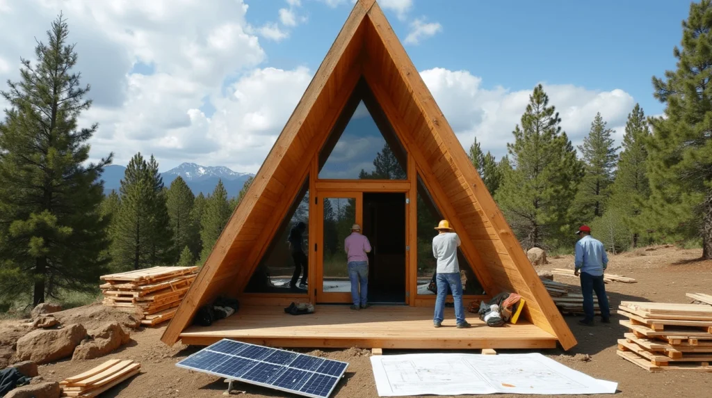 DIY A-Frame cabin under construction with reclaimed wood and solar panels.