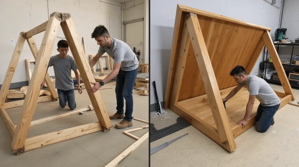 Professional builder constructing a custom A-Frame cabin with intricate woodwork.