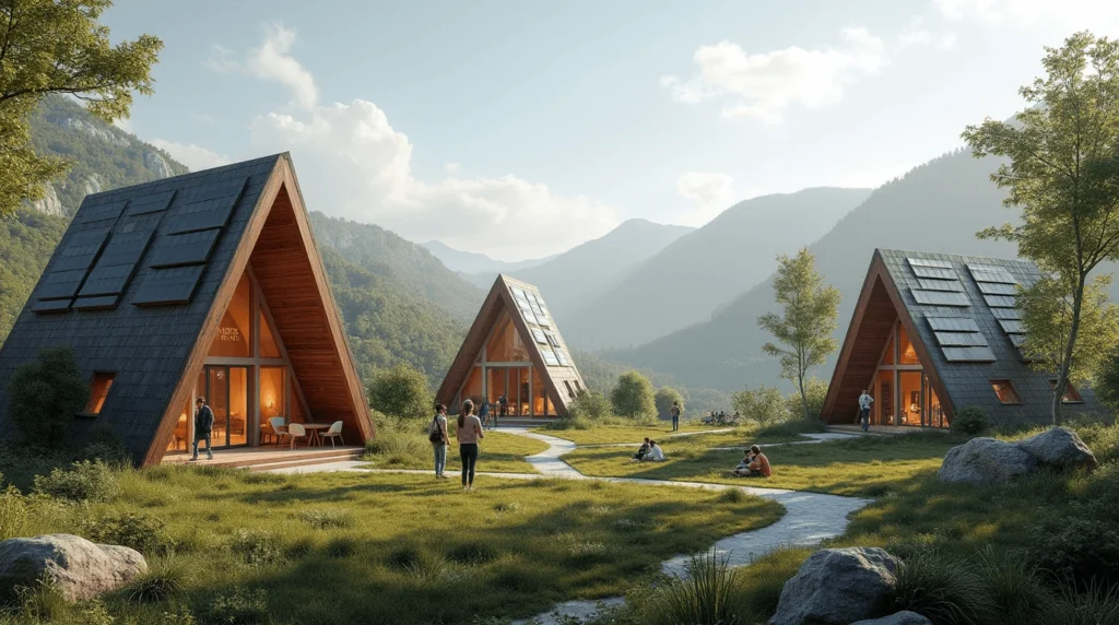 A-Frame cabin community with solar panels and gardens in a scenic valley.