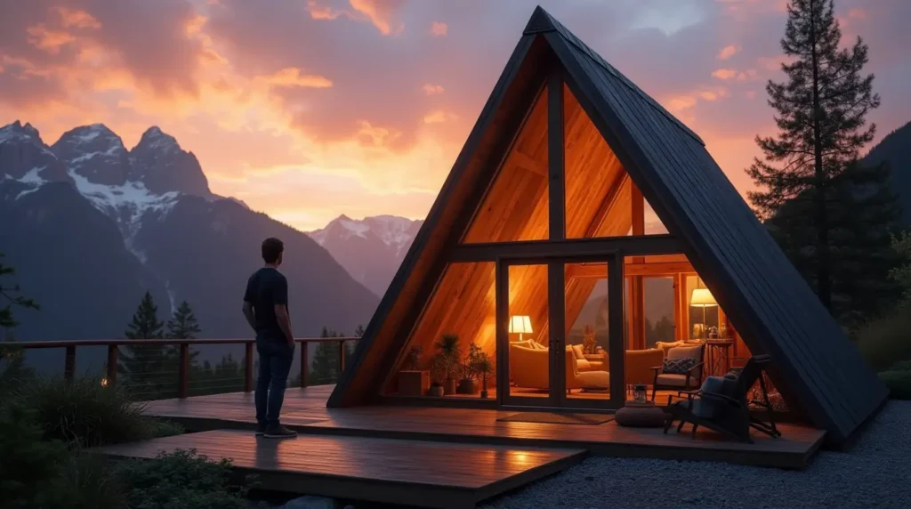 A-Frame cabin with a foldable dining table and built-in storage under the stairs.