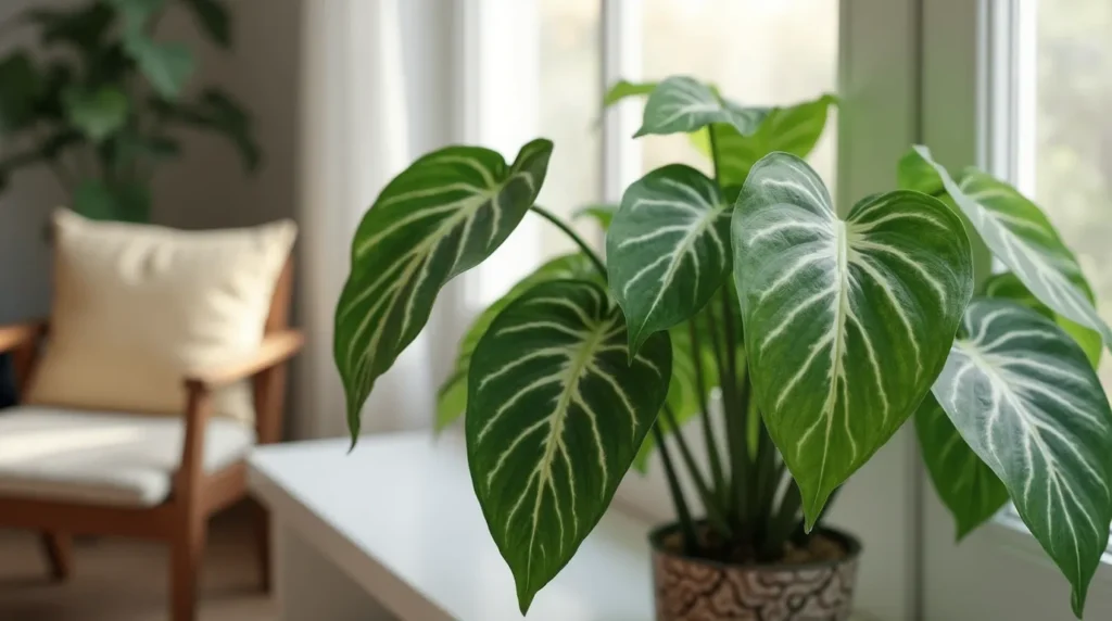 Arrowhead plant (Syngonium podophyllum) with lush green leaves in a decorative pot, placed in a well-lit indoor setting.