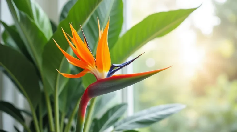 A thriving Bird of Paradise plant in a modern indoor setting, showcasing its large, glossy green leaves and vibrant orange-and-blue flowers. The plant is placed near a large window with filtered sunlight, in a stylish pot that complements the room's neutral-toned, minimalist decor.