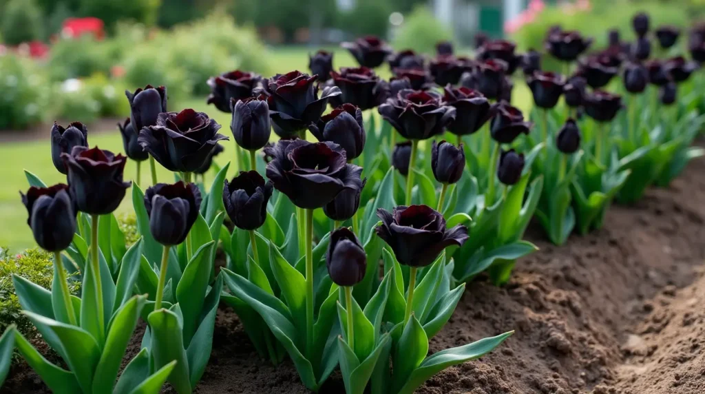 A garden featuring a variety of black flowers in full bloom, including Black Roses, Black Tulips, Black Dahlias, and Black Calla Lilies, with rich dark hues and vibrant green leaves. The flowers are planted in well-maintained soil with good drainage, creating a serene and mysterious atmosphere.