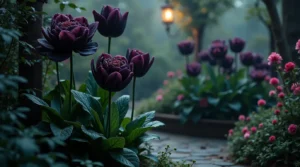 Garden of rare black flowers including Black Roses, Black Dahlias, and Black Tulips, set in an atmospheric, moody landscape with subtle Gothic accents.