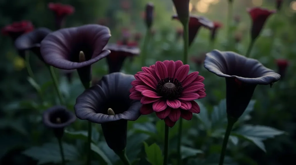 An elegant garden showcasing black flowers, including Black Dahlias, Black Roses, and Black Calla Lilies, with deep purple, burgundy, and maroon hues that appear black under soft lighting. The flowers are surrounded by lush greenery, creating a mysterious and sophisticated atmosphere.