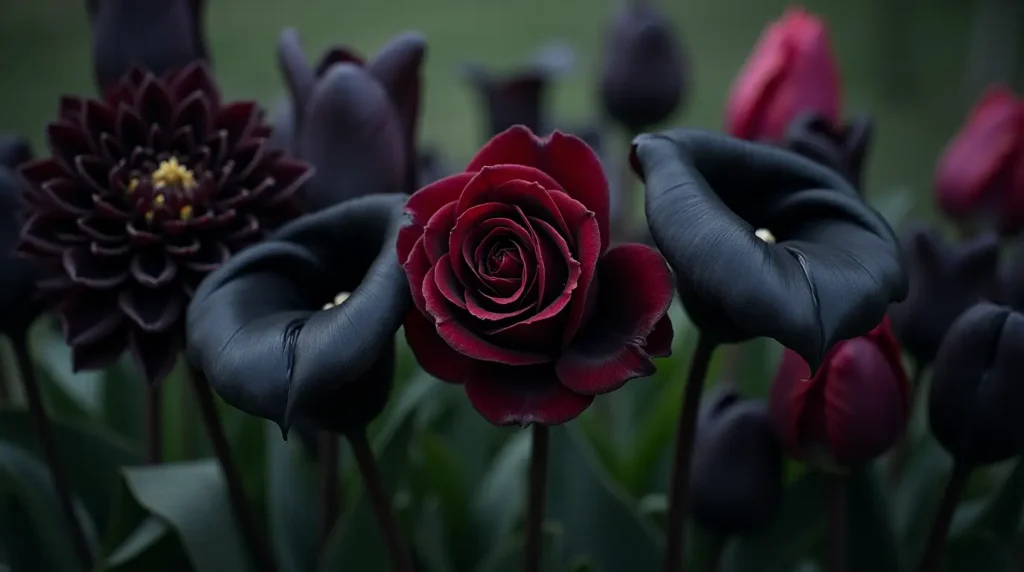 Various black flowers in a garden, including Black Roses, Black Dahlias, Black Tulips, Black Calla Lilies, and more, creating an elegant and mysterious atmosphere.