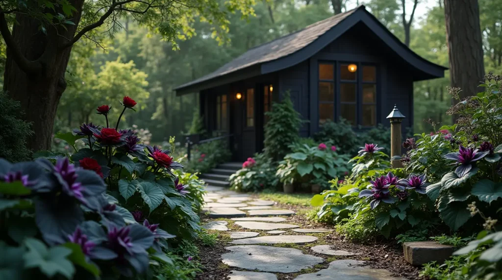 A mystical outdoor garden house filled with black flowers symbolizing cultural meanings. Black roses for mourning and rebirth, dark orchids for strength and resilience, black marigolds for the Day of the Dead, and black lilies for transformation. A serene water feature with a Black Lotus represents spiritual enlightenment, all surrounded by gothic-inspired decor.