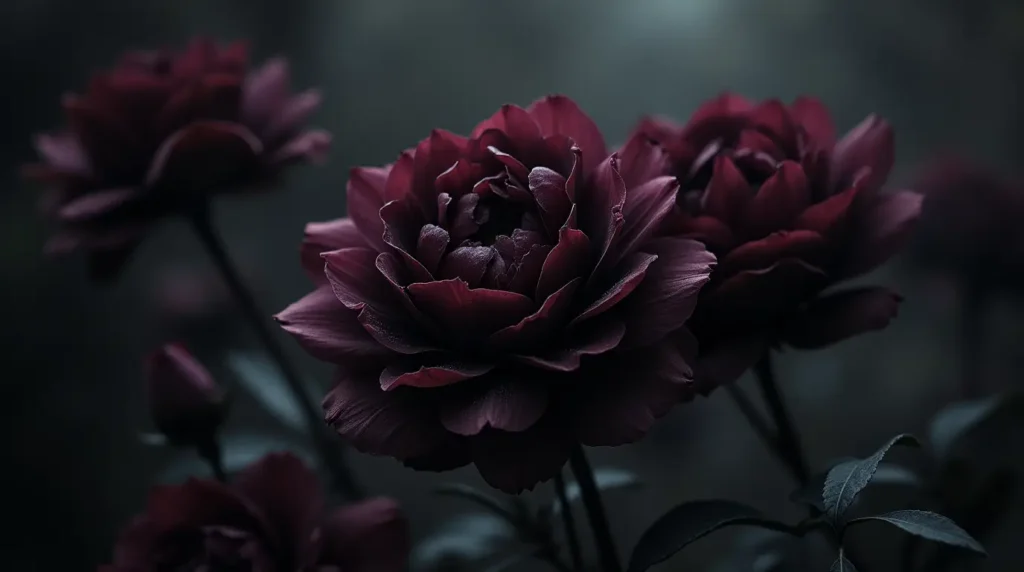 Dark, mysterious black flowers in a garden or artistic setting, symbolizing passion, death, and mystery. The flowers feature deep shades of black, purple, and red, evoking a sense of elegance and the extraordinary.