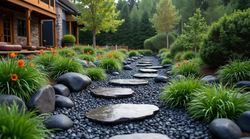 A modern garden design using polished black rocks as a focal point, complemented by vibrant greenery.