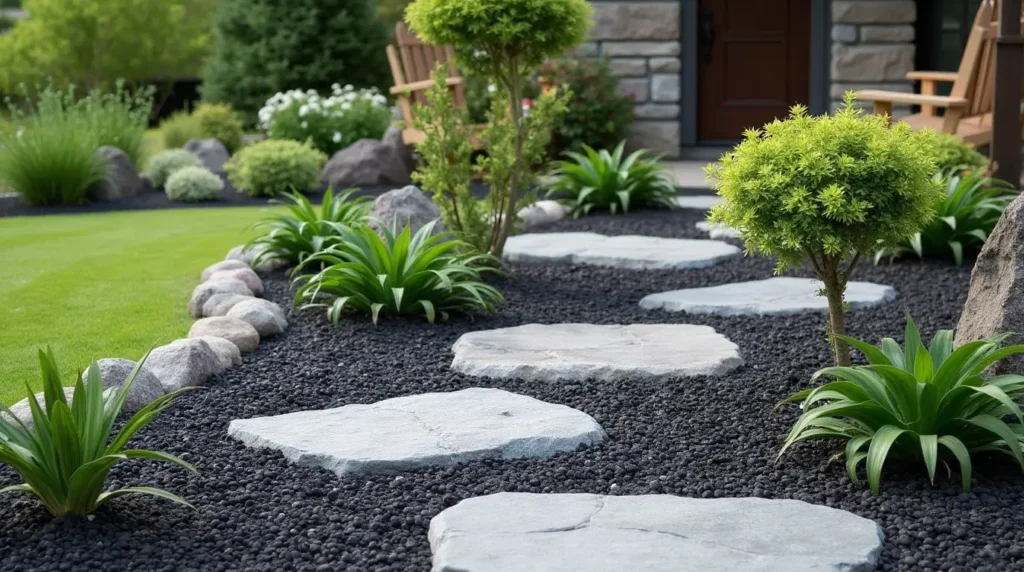 Black volcanic rocks used in landscaping, creating a dramatic contrast with bright green shrubs and flowers.