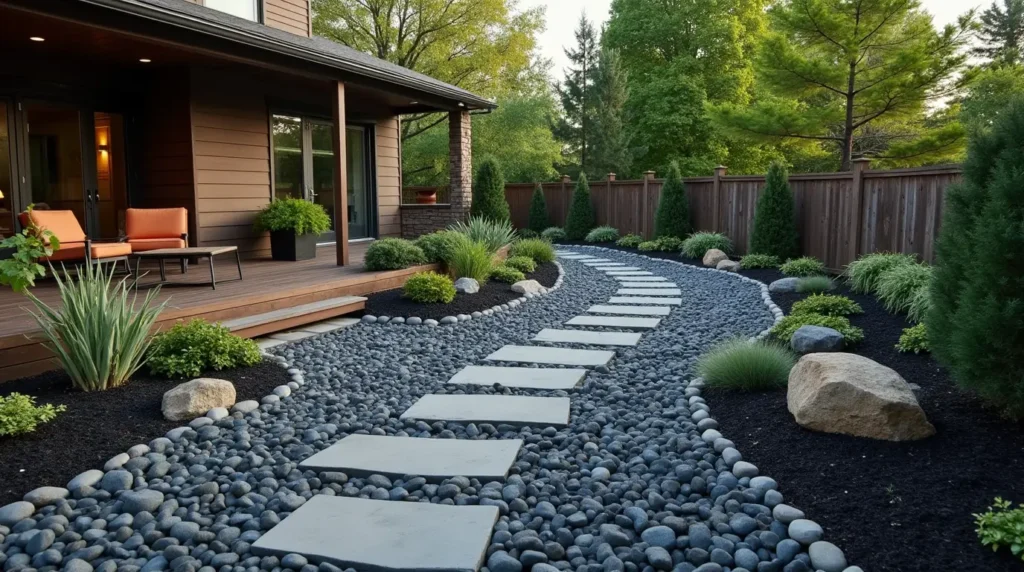 Landscaping with black stones, showcasing a contemporary and elegant garden design.