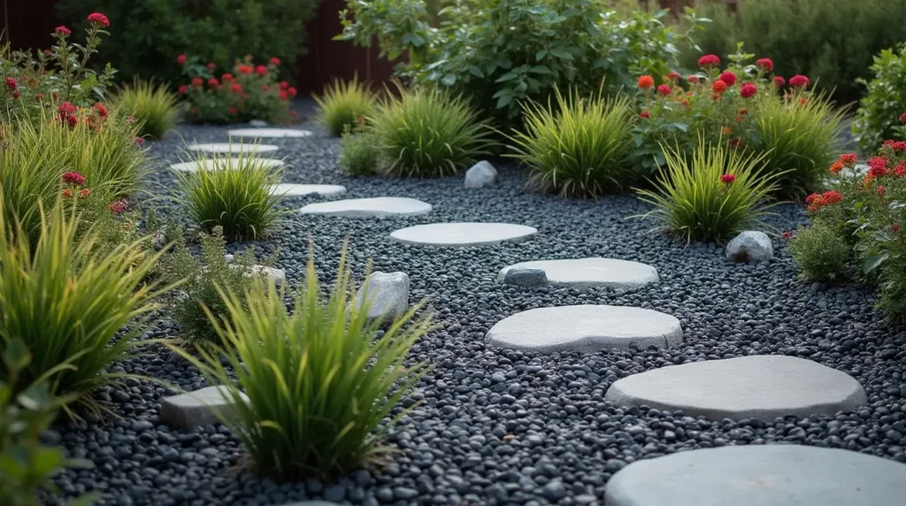 A minimalist outdoor space featuring dark, smooth rocks paired with low-maintenance plants and mulch.