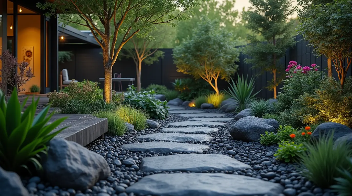 black rocks for landscaping in a garden.