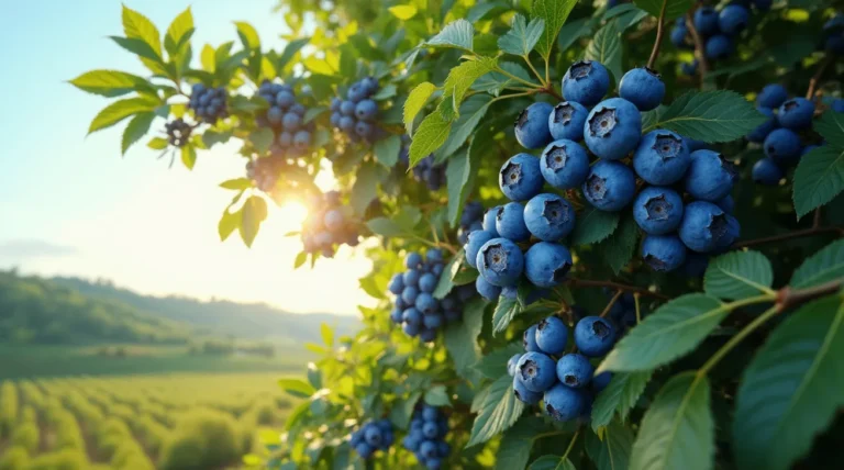 A close-up of a thriving blueberry bush with clusters of small, green unripe berries and a few turning blue, surrounded by vibrant green leaves. The plant is growing in well-drained, acidic soil under partial sunlight.