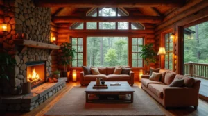 Cozy rustic cabin interior with a stone fireplace and wooden furniture.