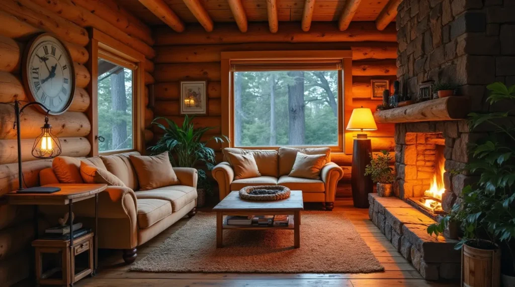 Modern cabin interior with minimalist wooden design and large windows.