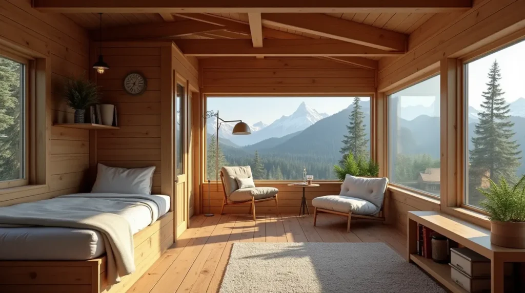 cozy tiny cabin retreat with a loft bed, foldable furniture, and scenic mountain views, inspired by functional cabin plans.