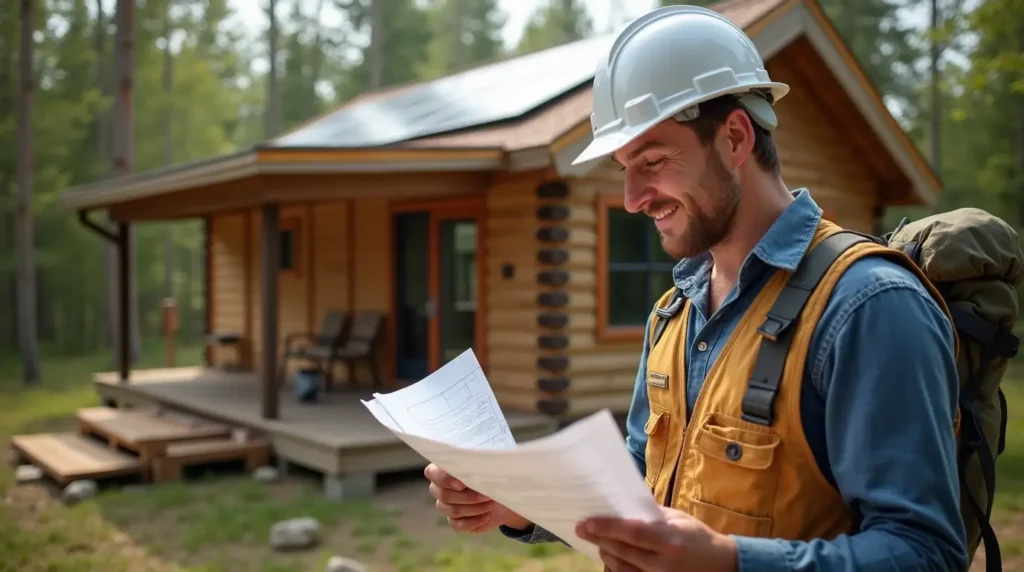 Builder reviewing cabin blueprints with sustainable materials like reclaimed wood and solar panels, emphasizing smart cabin plans.