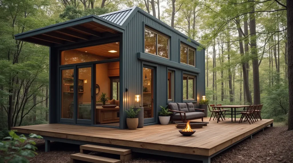 Tiny cabin with a loft, foldable dining table, large windows, and an outdoor deck, demonstrating essential features of cabin plans.