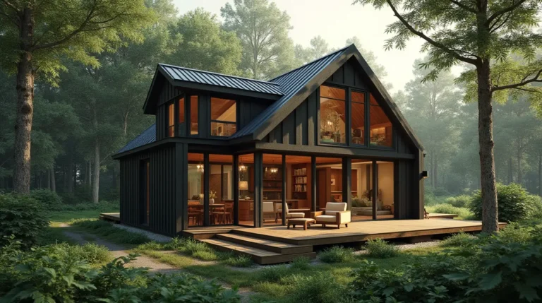 Modern tiny cabin surrounded by forest, featuring large windows, a wooden deck, and a cozy interior with a loft space, showcasing innovative cabin plans.