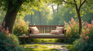 A cozy garden bench surrounded by lush greenery and blooming flowers, perfect for relaxation.