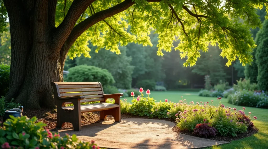 A garden bench placed under a tree with sunlight filtering through leaves and colorful flowers nearby.