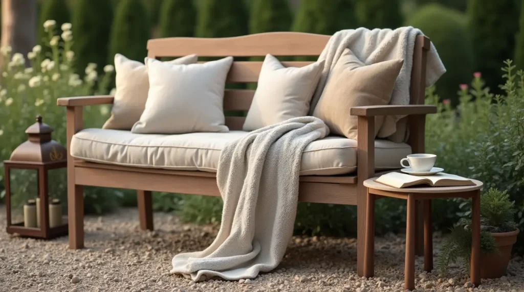 A garden bench accessorized with cushions, a throw blanket, a side table, and decorative lanterns.