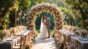 A beautiful outdoor garden wedding ceremony with a floral arch decorated with roses and peonies in soft pastel shades.