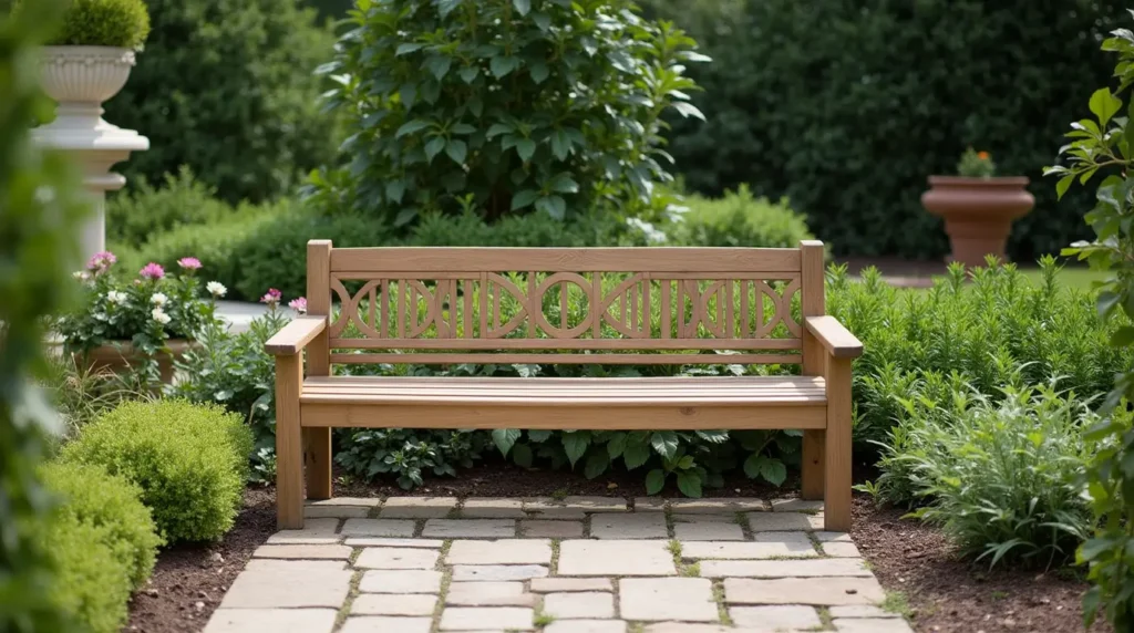 A stylish garden bench as the focal point of a serene garden with vibrant flowers and shade.