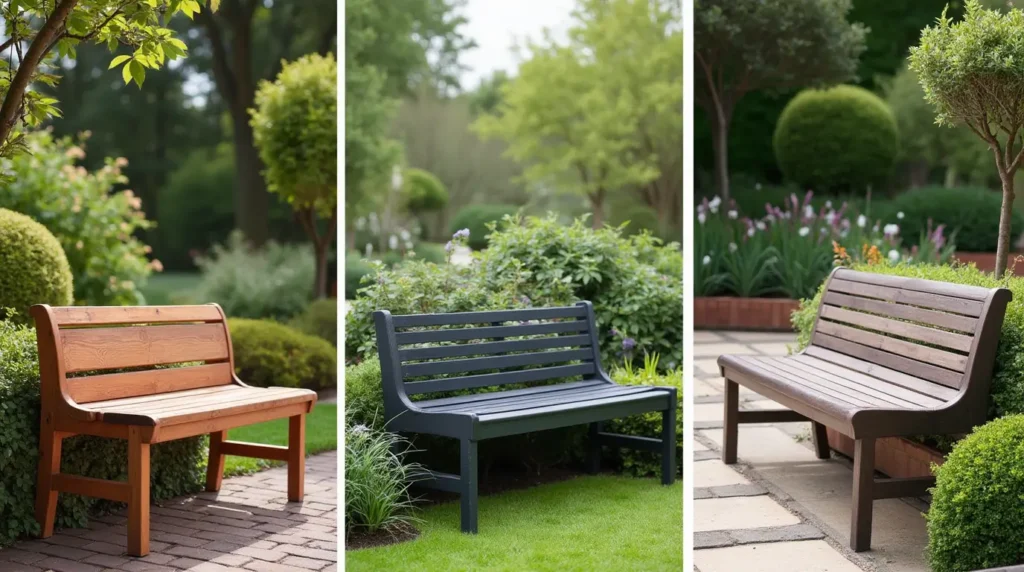 Different types of garden benches (wooden, metal, plastic) in modern, rustic, and vintage styles.