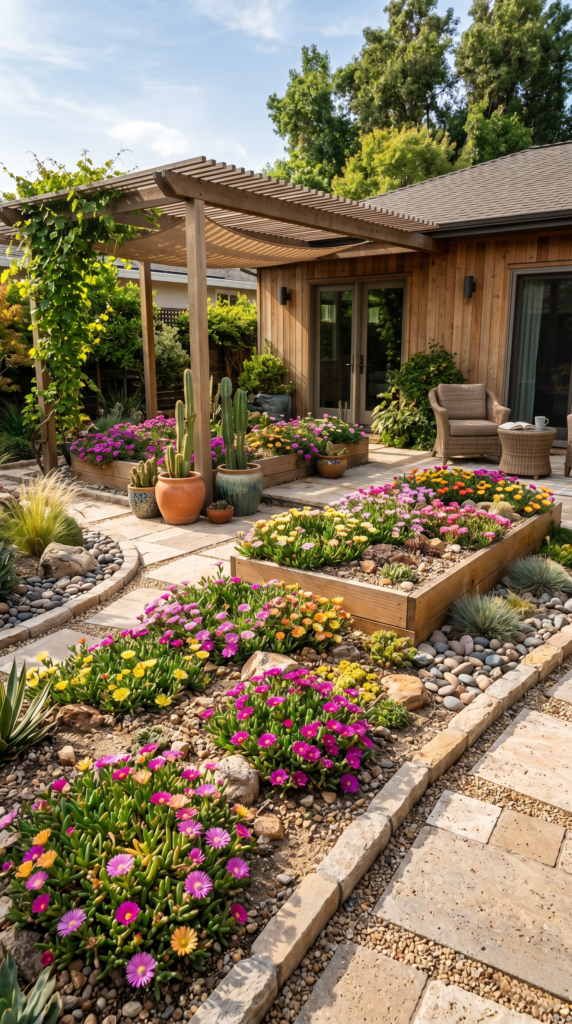 Container-Grown Ice Plants on a Patio