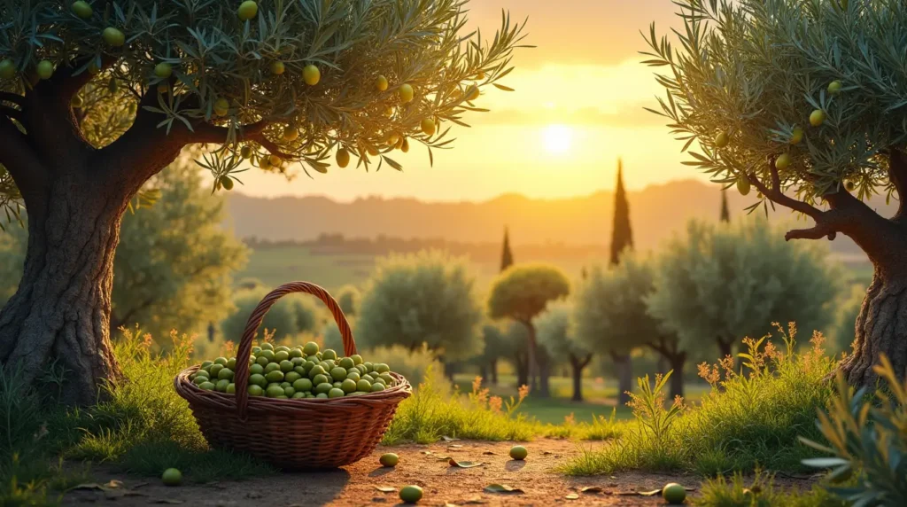 A lush olive garden under a warm Mediterranean sunset, featuring olive trees with green and black olives, a rustic wooden basket filled with freshly harvested olives, and rolling hills in the background.