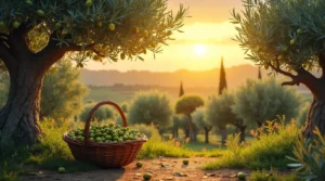 A lush olive garden under a warm Mediterranean sunset, featuring olive trees with green and black olives, a rustic wooden basket filled with freshly harvested olives, and rolling hills in the background.